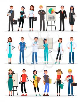 Professional teams set of doctors, business people and creative designer workers isolated on white background. Vector illustration of different qualification staff with instruments for work
