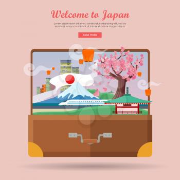 Welcome to Japan. Japan tourism poster design with attractions. Open suitcase with japanese landmarks. Japan landmark. Japan travel poster design in flat. Travel composition with famous landmarks.