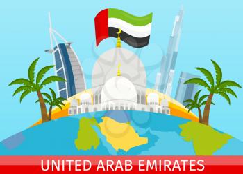 United Arab Emirates tourism poster design with attractions. Sheikh Zayed Mosque. Emirates landmark with flag. Emirates travel poster design in flat. Travel composition with famous landmarks.