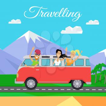 Traveling by minibus. Happy young people waving in minibus on background of mountain landscape. Friends on summer trip in classic van. Happy tourist. Smiling flat personages. Vector illustration.