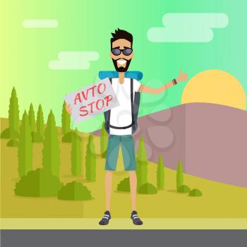 Hitchhiking travel concept. Hitchhiker and traveler shows gesture hitchhiking. Auto stop tourism. Tourist with backpack. Smiling young man personage. Flat design vector illustration.