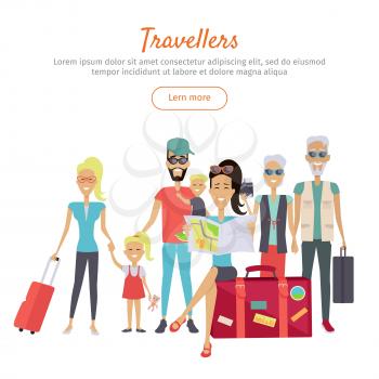 Travelers of different age with suitcases conceptual banner. Set of character people. Tourists with luggage travelling with partners family friends and alone flat icons collection. Vector illustration
