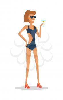 Summer vacation pleasure. Young smiling woman in swimming suit and sunglasses standing with glass of beverage in hand flat vector isolated on white background. For tourist concepts, travel company ad