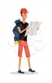 Smiling young man in shorts, with backpack full of supplies, ready for trip watching on the road map isolated on white. Hiking with backpack illustration. Summer vacation in road concept. Vector