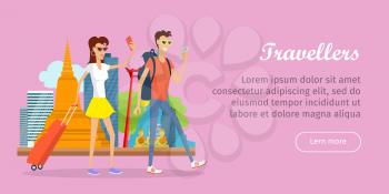 Travelers conceptual web banner. Flat style vector. Couple of young tourists with backpacks and suitcases making photos on mobile phones on  background of asian attractions. For traveling company ad