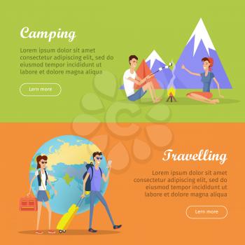 Camping and travelling posters. Family couple making barbecue. Man and woman sitting near fire. Happy tourists on journey. For web banners, marketing and promotional materials, presentation templates