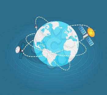 Two artificial earth satellites around planet on blue background. Vector illustration of satellites surrounding the planet Earth. Web banner of artificial sputnik in space cartoon style flat design.