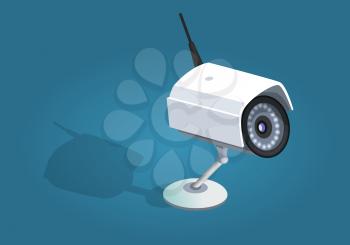 Surveillance camera safety home protection system on blue background. Flat icon of wireless white security camera with shadow in cartoon style. Modern vector illustration for web and mobile.