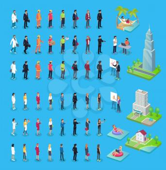 Male and female characters doctor, businessman in suit, firefighter in protective gear, delivery service, waiter with tray, policeman with gun. Skyscraper, city hospital and two-storied house vector