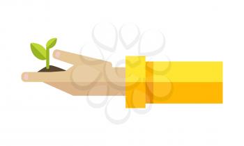 Hand with the young green sprout from the ground. Arbor Day. Earth day. Ecology concept. Save the world concept. Isolated object on white background. Vector illustration.