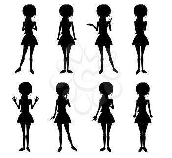 Set of thin women characters silhouettes. Collection of girls standing in different emotive poses with various hand gestures vectors isolated on white background. Female black figures for infographics