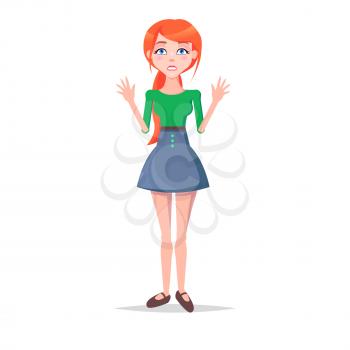 Scared young woman illustration. Beautiful redhead girl in blouse and skirt standing with frightened face expression and raised hands flat vector isolated on white. Surprised female cartoon character