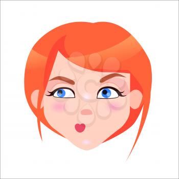 Young woman skeptic face icon. Pretty redhead girl with flush and blue eyes suspicious facial expression isolated flat vector. Female cartoon portrait illustration for women emotions concept