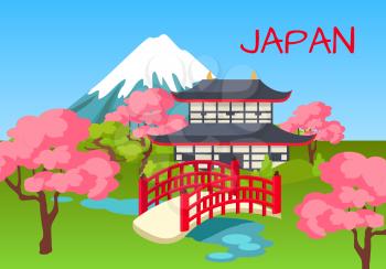 Japan touristic concept with national symbols. Japanese pagoda in cherry garden with pond and Fuji Mount on background flat vector.  Asian cultural, architectural and nature attractions illustration