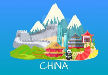 Vector illustration of mountains with white tops, Great wall of China on sand, building in asian style and inscription, rare panda, asian dwellings of different types vector design illustration