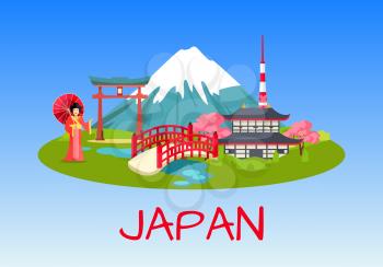 Japan touristic concept with national symbols. Japanese cultural, architectural, nature attractions. Geisha on beautiful landscape with pagoda, Tokyo tower and Fuji mount flat vector illustrations