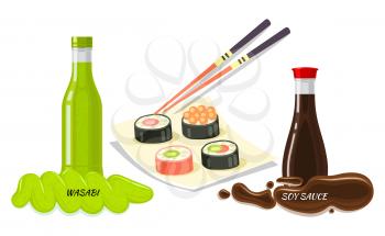 Sauces for sushi concept. Wasabi and soy sauces in glass bottles with sushi rolls on square plate and chopsticks flat illustration isolated on white background. Japanese national cuisine dish vector