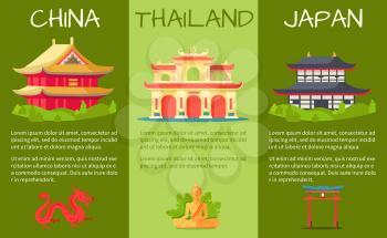 Asian countries touristic banners set. Ancient temples in oriental style with sacral monuments flat vectors. China, japan and Thailand architecture attractions illustration for travel company ad 