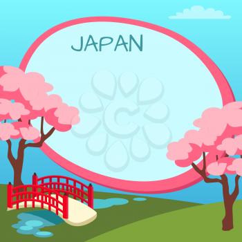 Japan touristic banner with national symbols and copyspace. Arched garden bridge across pond with flowering cherries flat vector illustration. Vacation in exotic country concept for travel company ad
