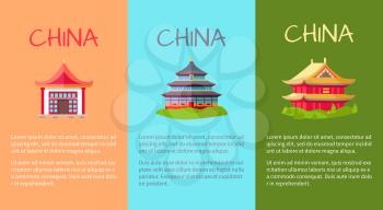 China collection of isolated buildings for various purposes on three vertical pictures with orange, blue and green backgrounds. Vector illustration of houses in flat oriental style with information