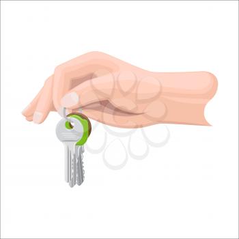 Human arm holds bunch of three keys by key ring on white background. Cartoon arm gives keys from dwelling or some premises to someone. Illustration of real estate deal isolated vector in flat style