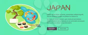 Japan inscription above written text and near round tag with colourful fish, sushi set with chopsticks and green exotic tree. Vector illustration on green background with information and signs