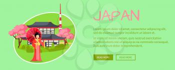 Japan conceptual web banner. Geisha with umbrella near pagoda in cherry blossom and Tokyo tower vector illustration. Horizontal concept with country national symbols for travel company landing page