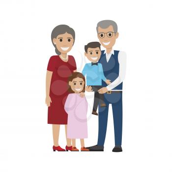 Aged couple and grandson with granddaughter isolated. Happy senior man and woman together with grandchildren. Middle aged couple. Older man and woman having fun. Senility old aged vector illustration