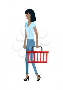 Woman customer character vector template. Flat design. Buyer in grocery shop. Smiling girl with basket in hand walking on white background. Consumer choice and shopping in mall concept.    