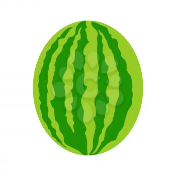 Ripe one striped watermelon in flat style. Fresh watermelon icon. Watermelon logo. Retail store element. Simple drawing. Isolated vector illustration on white background.
