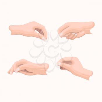Realistic hand set with fingers positions on white. Vector poster in flat design of closed palms, clenched and straight fingers. Hands that indicate or going to take something in cartoon style