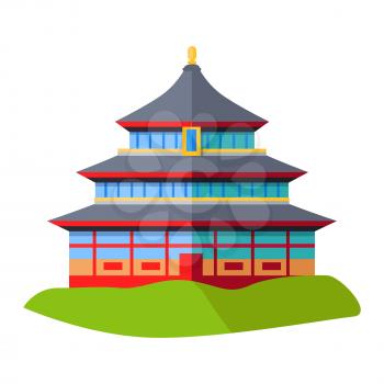Oriental building isolated on green grass on white. East asian architectural construction icon. Vector illustration of building in eastern design with three dark blue roofs in asian style dwelling