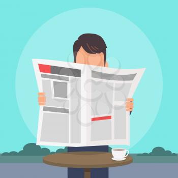 Man reading newspaper near cafe table with cup of coffee on it flat vector. Reading latest world or local news in journal. Paper mass-media illustration for business, social or political concepts 