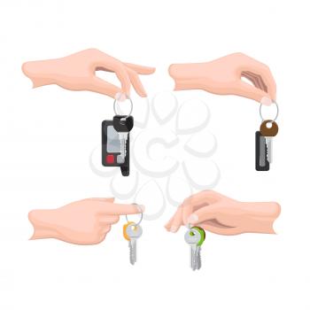 Keys hanging on keyring in human hand flat vector isolated on white background. Man hand holding bunch of modern doors keys on keyring illustration for real estate, buying new apartment concepts