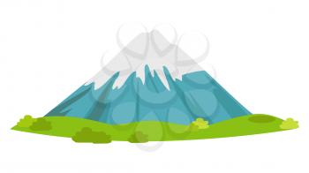 Snow-covered mountain with green meadow at foot. Fuji Mount flat vector isolated on white. Japanese nature national symbol illustration for concepts add logos. Dormant volcano with snowy peak icon