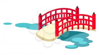 Wooden red japanese arched garden bridge across pond with water lilies flat vector isolated on white background. Traditional oriental landscaping element illustration for tourist concept and travel ad