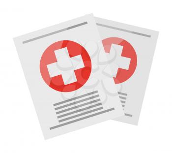 Two sheets with medical information, one over other, on them on white background. Big white cross on red circle and inscriptions. Medical certificates from doctor isolated vector illustration.