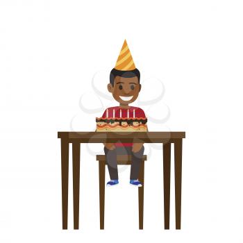 Child birthday celebration. African American smiling boy in birthday cap sitting at the table with decorated candles chocolate cake vector illustration isolated on white background. Sweet gift for kid