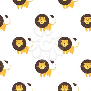 Cartoon lion seamless pattern on white background. Large tawny-colored cat that lives in prides endless texture. Vector illustration of wildlife character, wallpaper wrapping paper design