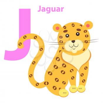 English Nursery card with lilac J letter Jaguar isolated on white. Yellow and spotted wild animal on children training poster. Vector illustration of school preparation card flat design cartoon style.