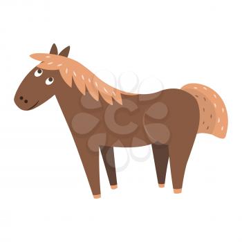 Cute funny brown horse vector flat cartoon sticker isolated on white. Domestic animal or pet illustration for game counters, price tags