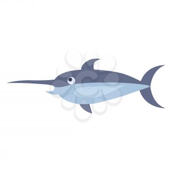 Cute cartoon sticker or icon. Funny broadbill fish flat vector isolated on white background. Ocean fish with illustration outlined with dotted line for fishing stores price tags, kids books