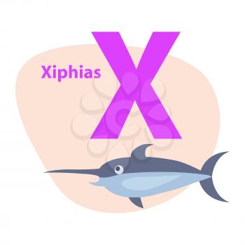 Funny alphabet with cartoon animal purple letter X and gray xiphias on white background. Vector illustration of english ABC for babies. Drawn large fish with sharp nose. Flat design teaching icon.
