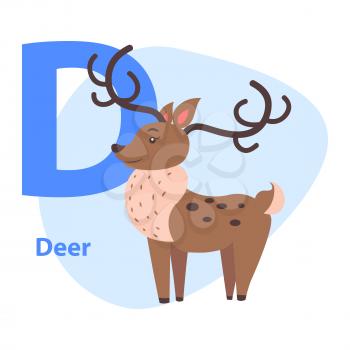 Funny alphabet with cartoon animal blue letter D and brown deer on white background. Vector illustration of entertaining ABC for babies. Drawn beast with dark horns. Flat design teaching icon.