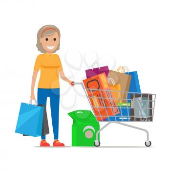 Blond woman smiles and stands with bags and shopping cart full of purchases on white background. Cartoon woman has fun during shopping at supermarket. Shopping-themed isolated vector illustration.