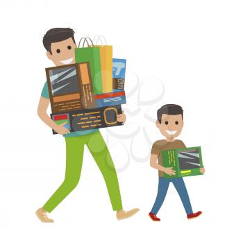 Father and son doing shopping hold purchases. Vector shopping concept of paying and getting goods on white. Smiling man and boy return home carrying packages and boxes with items and products