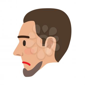 Sad brown-haired man face icon. Male character head in profile with compressed lips flat vector isolated on white background. Human negative emotions illustration for people infographics