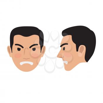 Angry brunet man face icon. Male head in full face and profile view with clenched teeth and frowned eyebrows flat vector isolated on white. Human negative emotions illustration for people infographics