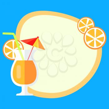 Summer vacation concept with cold fruit beverage and copyspace frame for text. Glass of refreshing orange cocktail with straw and umbrella flat vector illustration. Pleasure from fresh juice   