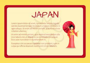 Japan framed touristic banner with national symbols and sample text. Smiling geisha in red kimono with paper umbrella flat vector illustration. Vacation in exotic country concept for travel company ad